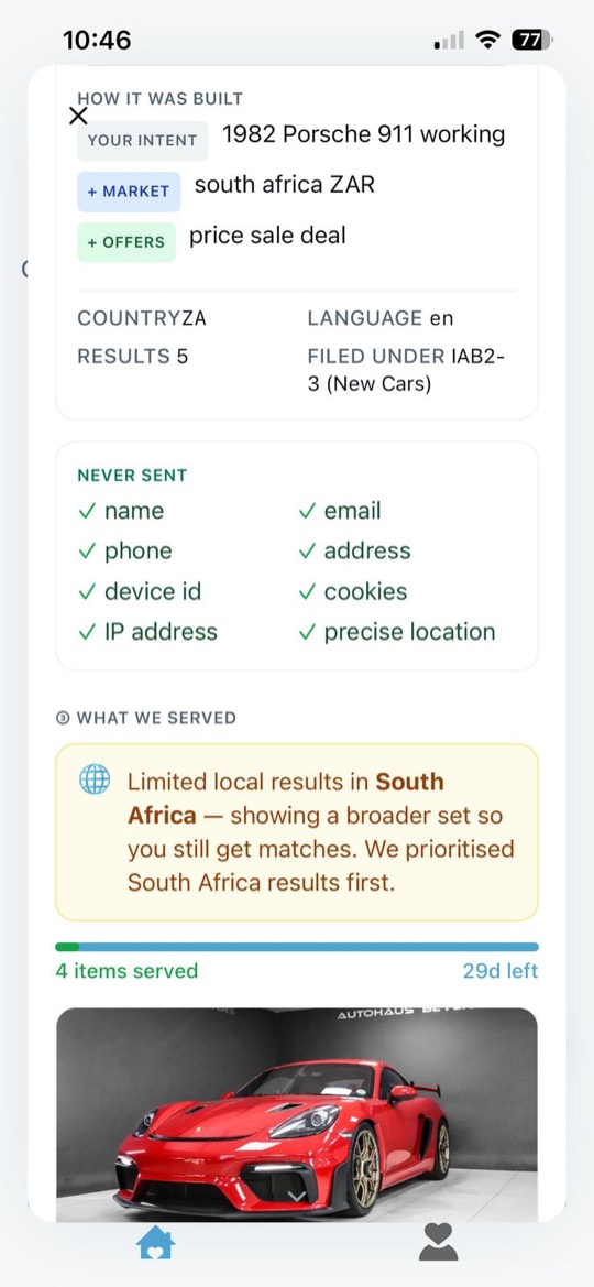 Signal detail — a checklist of what is never sent: name, email, phone, address, device id, cookies, IP address, precise location
