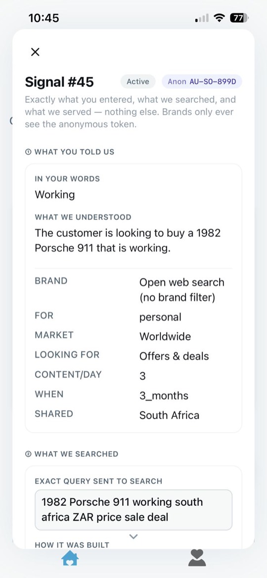 Signal detail — exactly what you entered, searched and were served; brands only see an anonymous token